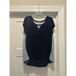 ANTHROPOLOGIE BORDEAUX LACE TRIM Shirt Size Medium Navy Blue Light Blue Casual